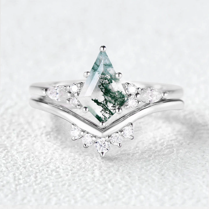 Felicegals Kite Cut Moss Agate Engagement Ring Set 2pcs Artisan Texture Casual Contour