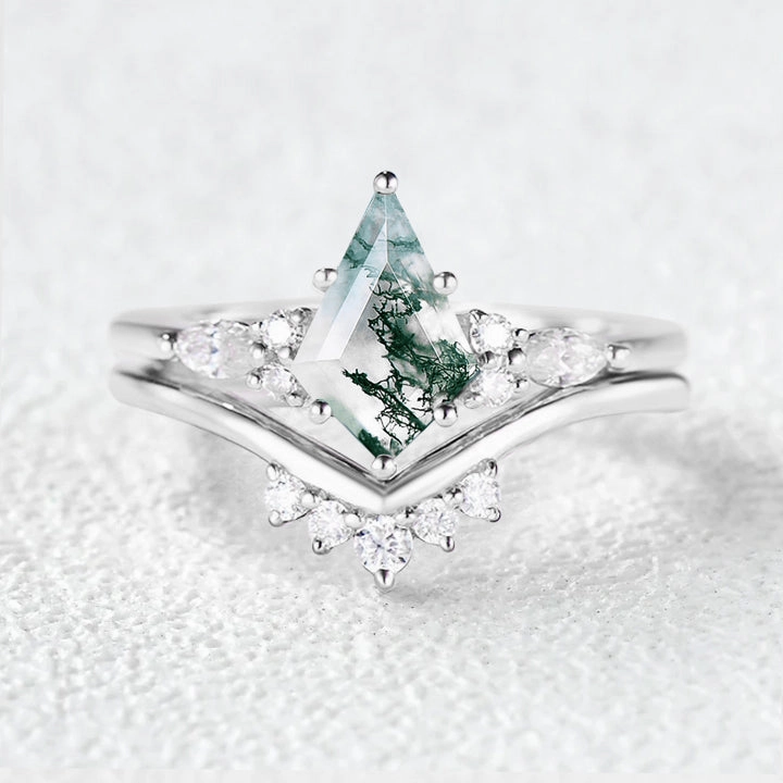 Felicegals Kite Cut Moss Agate Engagement Ring Set 2pcs Timeless Look Design Shimmer Mood