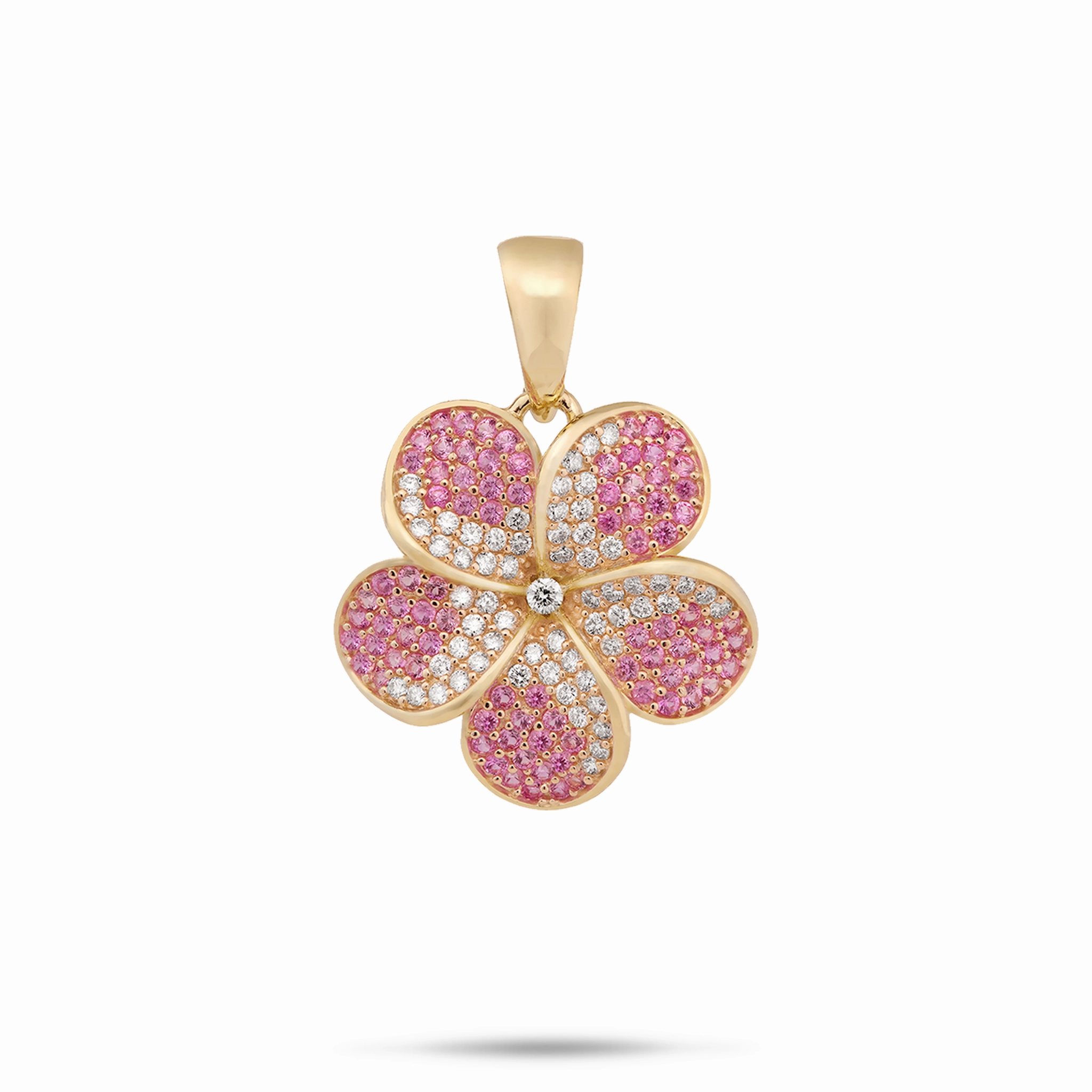 Lustrous Highlight Stylish Element Plumeria Pink Sapphire Pendant in Gold with Diamonds - 20mm