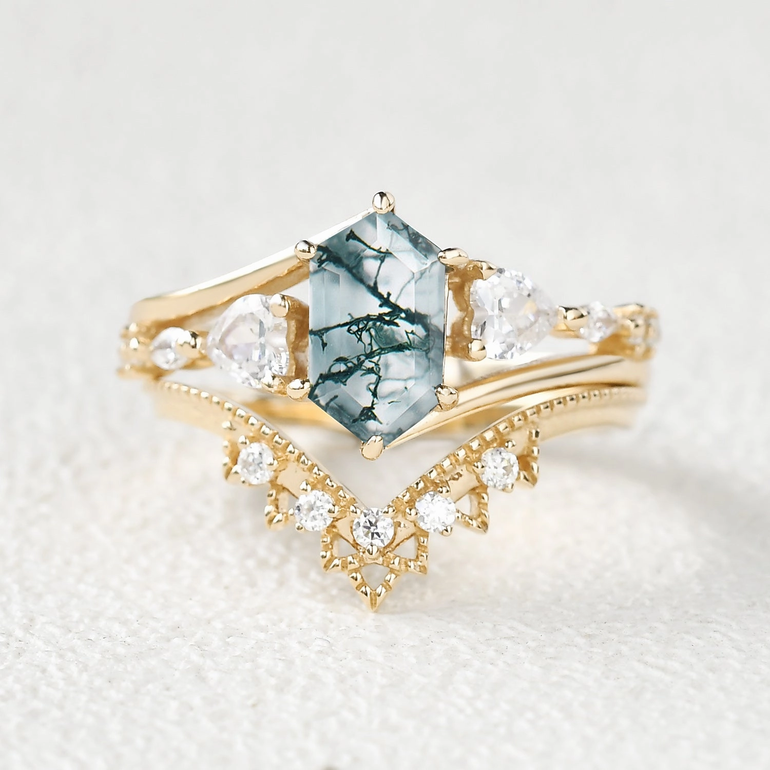 Highlight Moment Hexagon Moss Agate Art-Deco Engagement Ring Set 2pcs