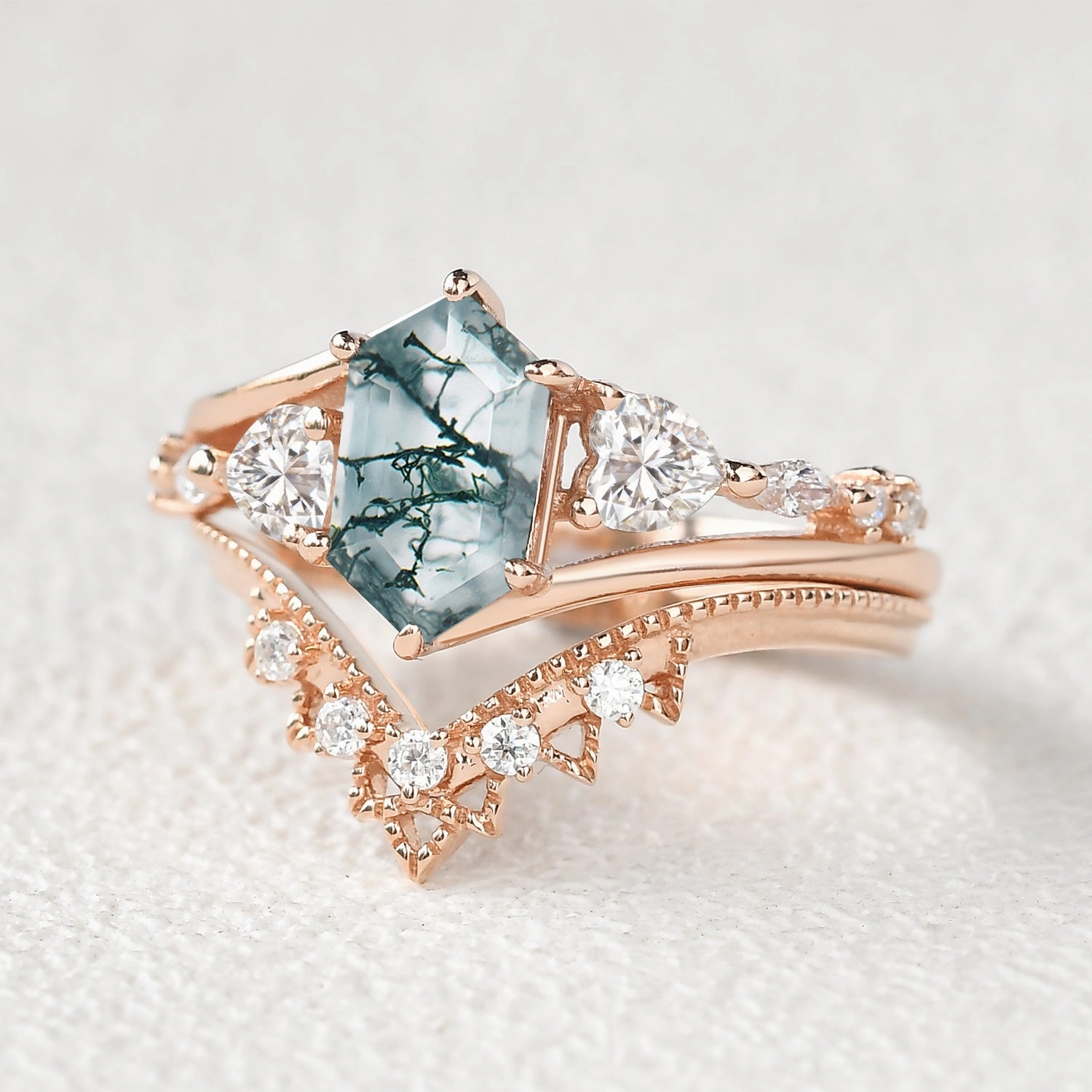 Hexagon Moss Agate Art-Deco Engagement Ring Set 2pcs Secure Ornament Bold Keepsake