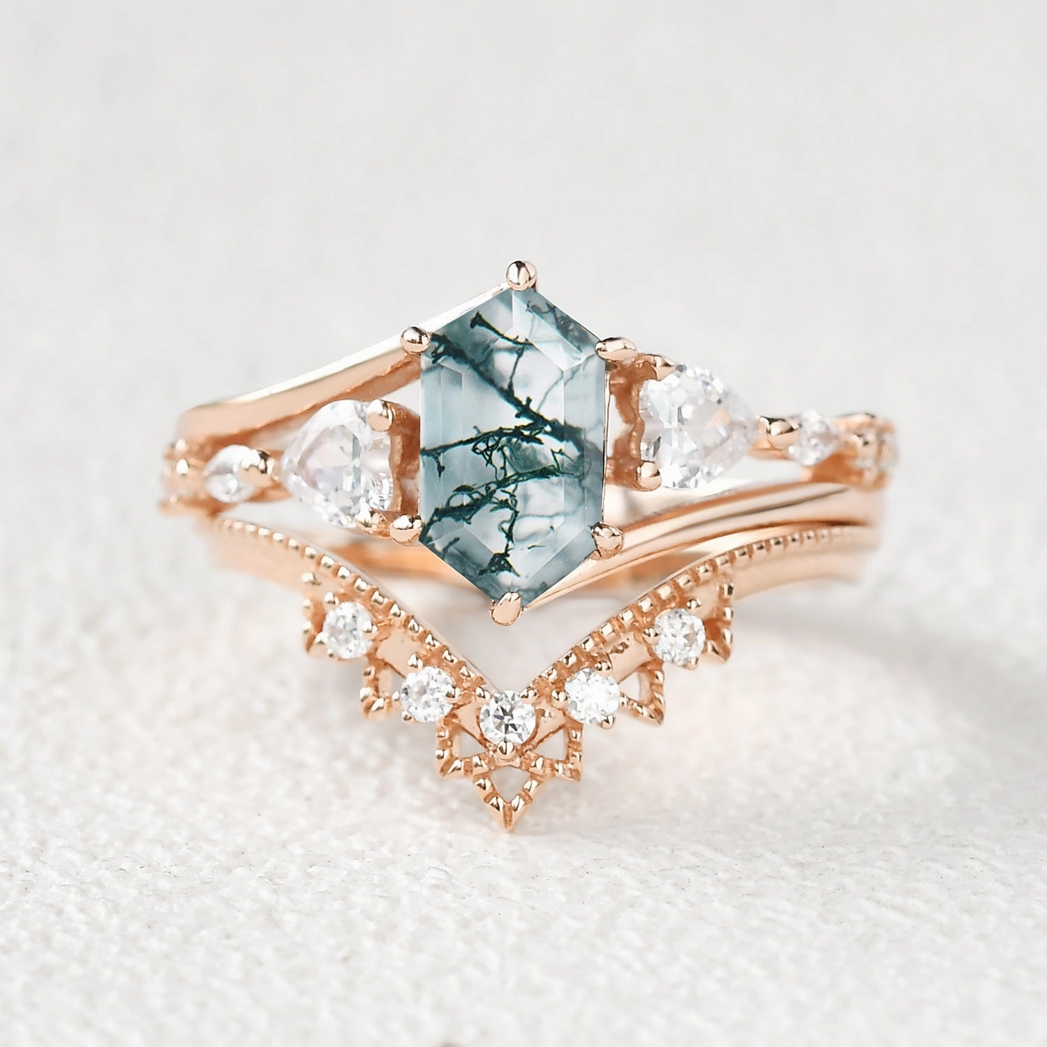 Easy Look Hexagon Moss Agate Art-Deco Engagement Ring Set 2pcs