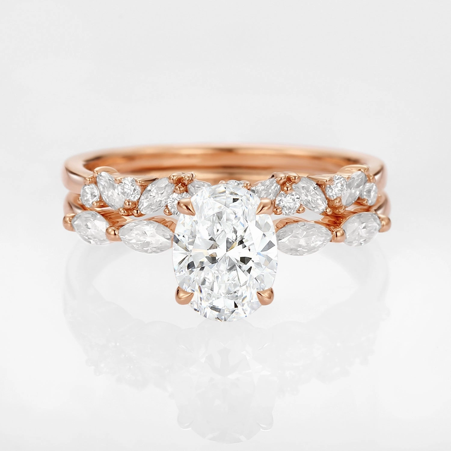 Oval Moissanite Cluster Marquise Ring Set 2pcs - Isabella Gleaming Accent