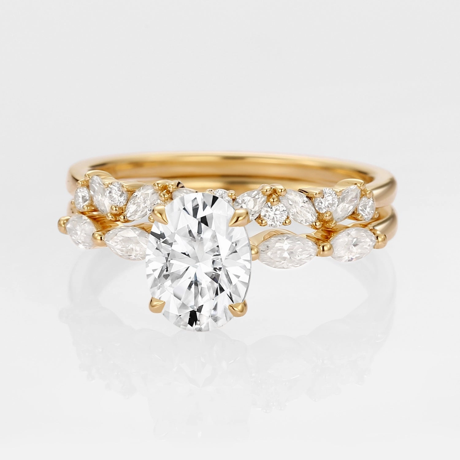 Oval Moissanite Cluster Marquise Ring Set 2pcs - Isabella Timeless Shine Shine Radiant Shine Finish