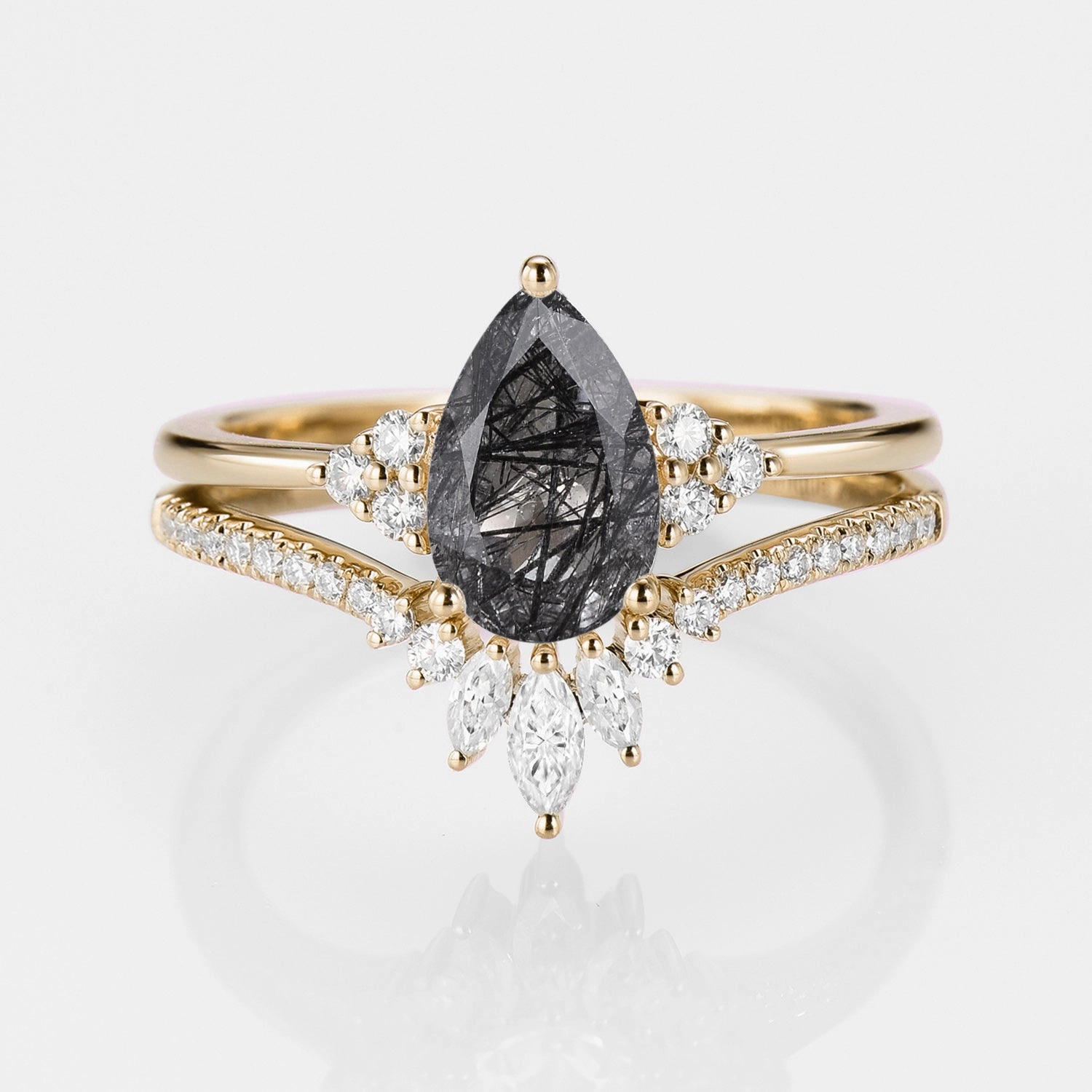 1.5ct Signature Pear Vintage Moss Agate Engagement Ring Set 2pcs - Lydia Minimal Mood