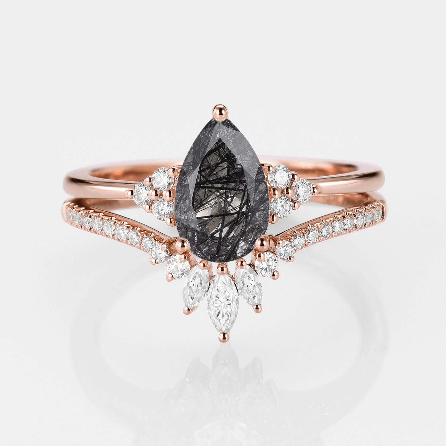 1.5ct Signature Pear Vintage Moss Agate Engagement Ring Set 2pcs - Lydia Modern Minimal