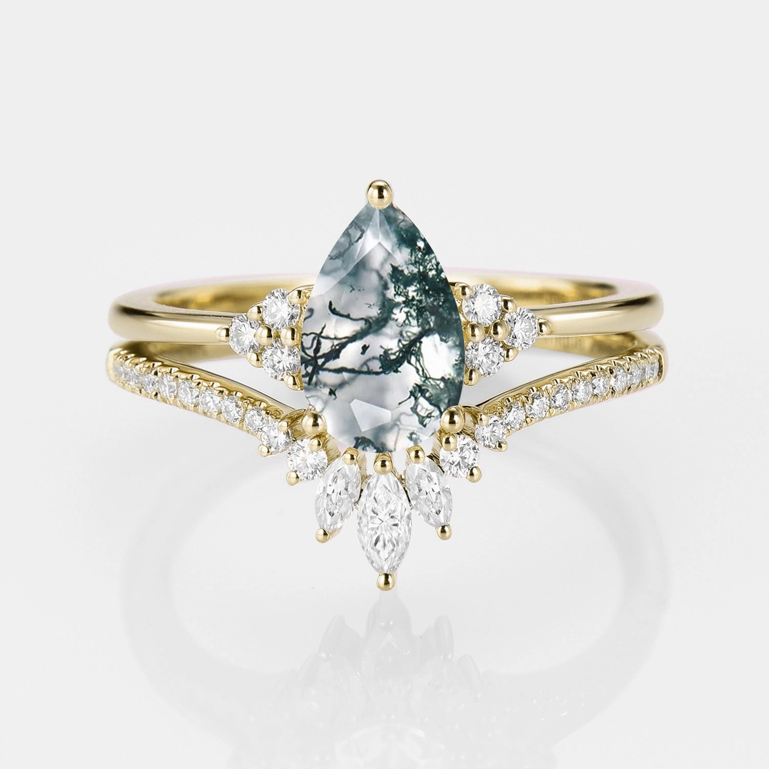 1.5ct Signature Pear Vintage Moss Agate Engagement Ring Set 2pcs - Lydia Light Radiance