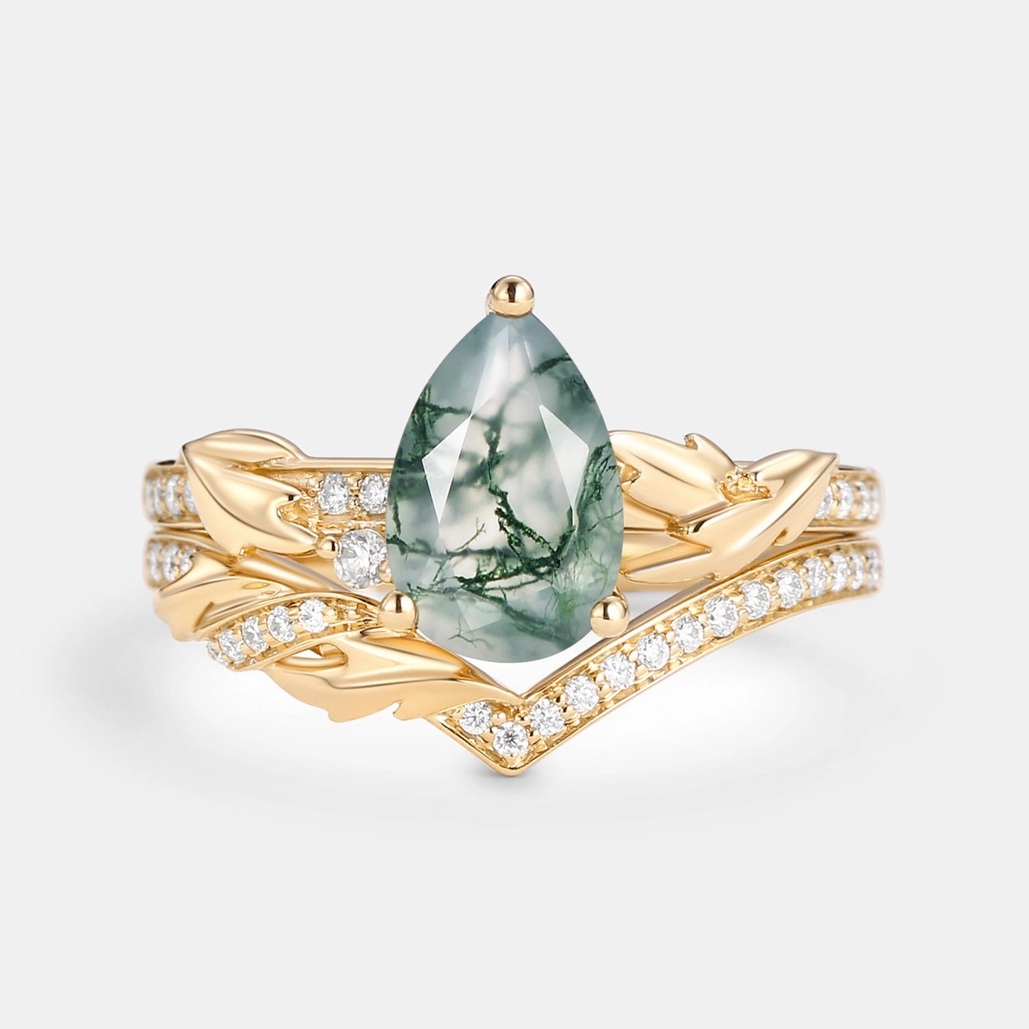 Minimalist Work 1.5ct Pear Cut Moss Agate Leafy Engagement Ring Set 2pcs