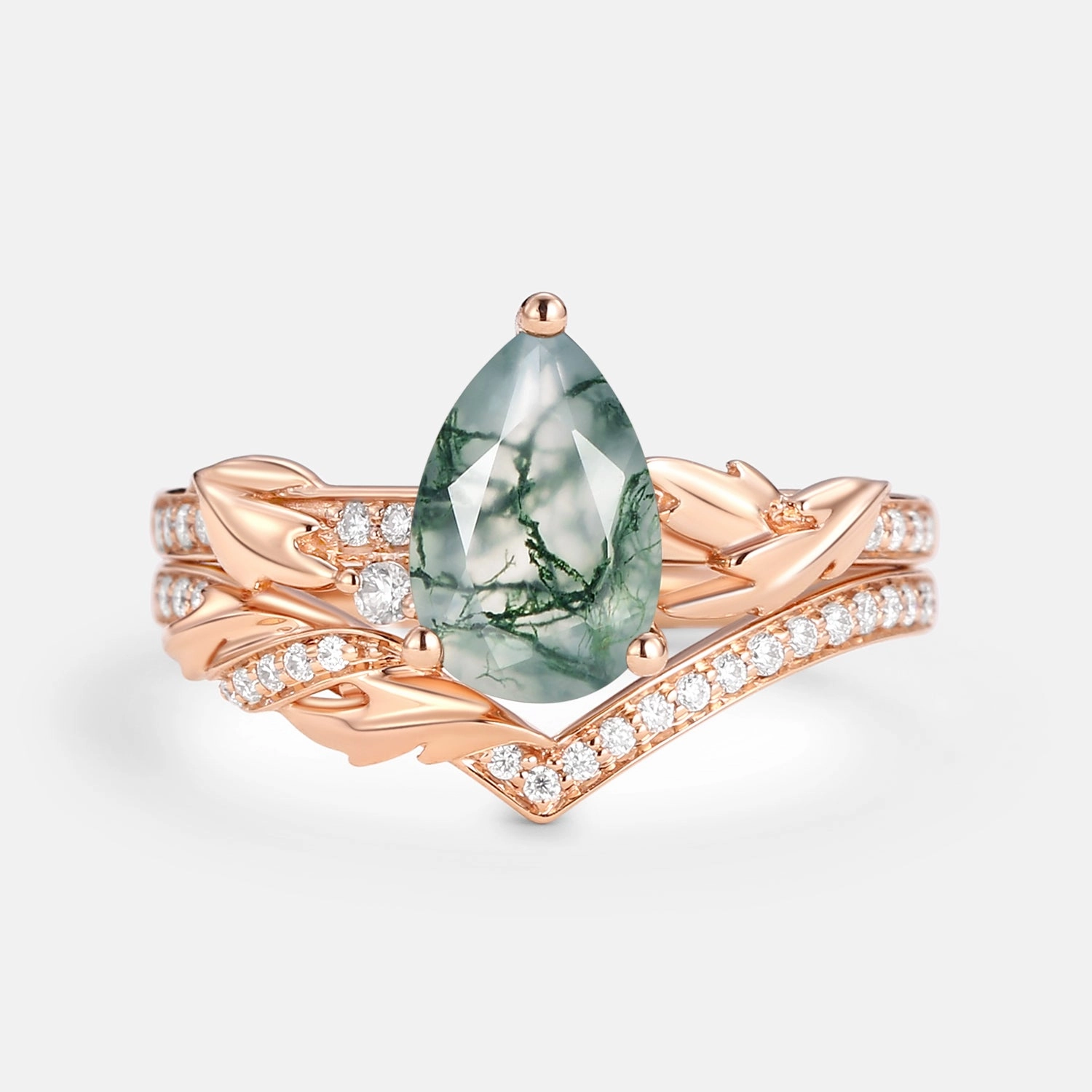 Smooth Shine 1.5ct Pear Cut Moss Agate Leafy Engagement Ring Set 2pcs