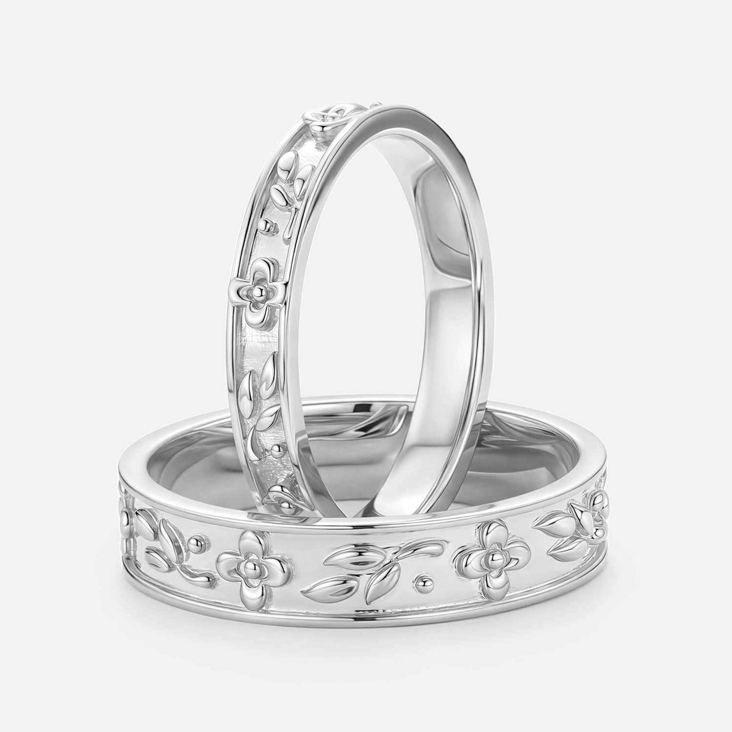 Modern Work Flower Vintage Engraved Couple Ring Set 2pcs - Rosalie