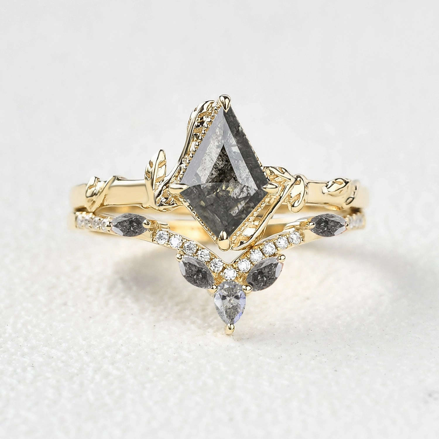 Bold Jewelry Leafy Kite Salt and Pepper Diamonds Engagement Ring Set 2pcs - Lark