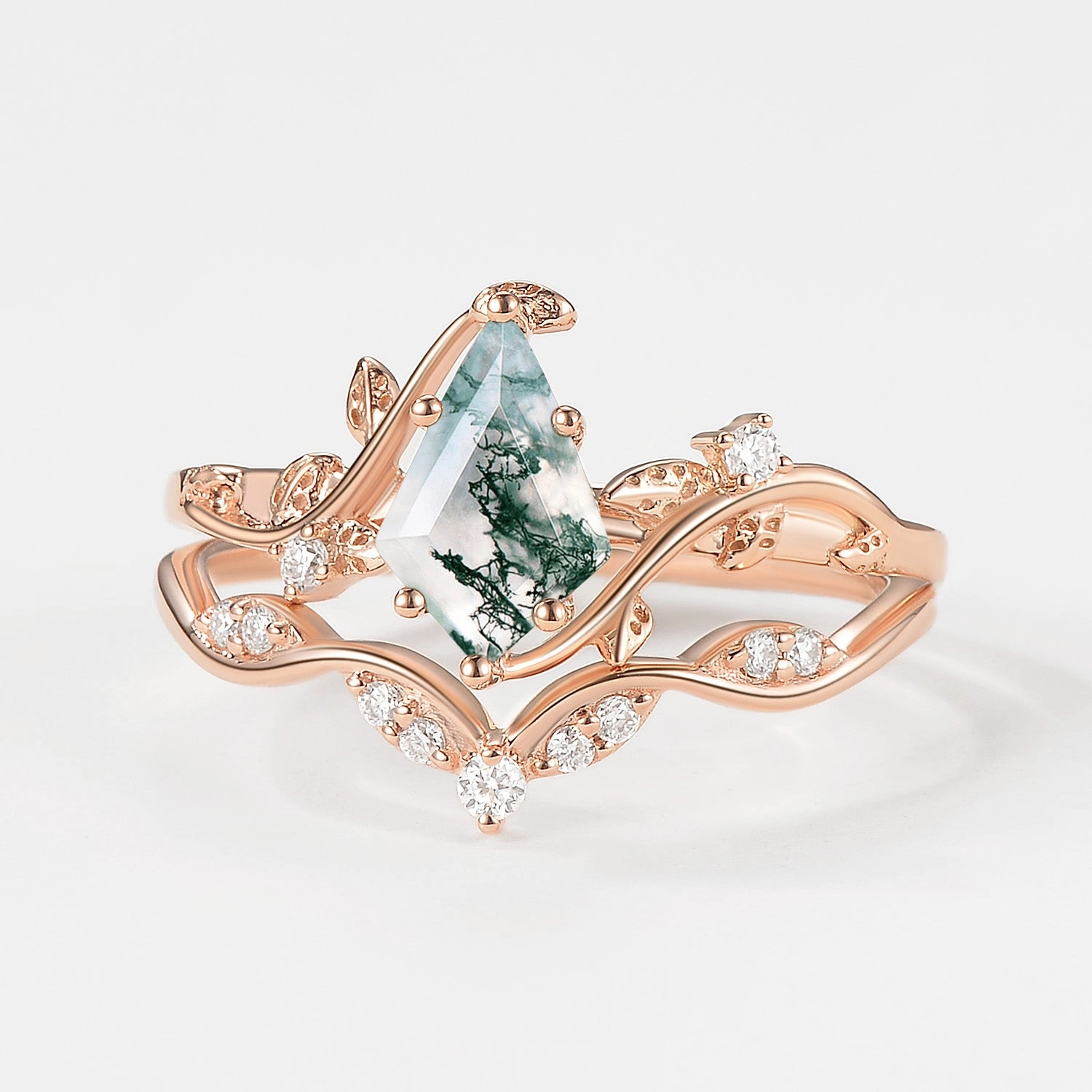 Green Vine Kite Cut Moss Agate Leafy Engagement Ring Sets 2pcs Contemporary Style