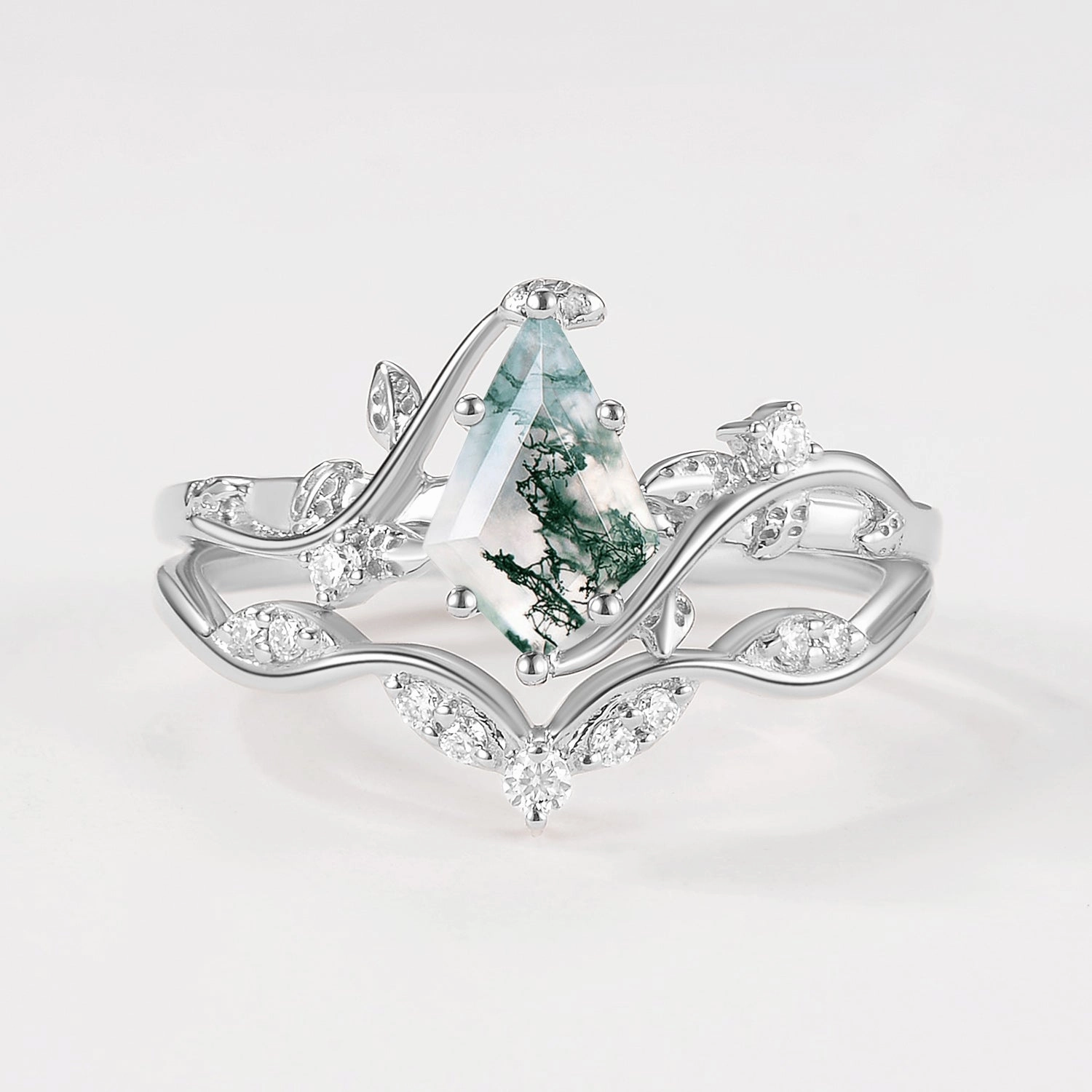 Green Vine Kite Cut Moss Agate Leafy Engagement Ring Sets 2pcs Branded Article