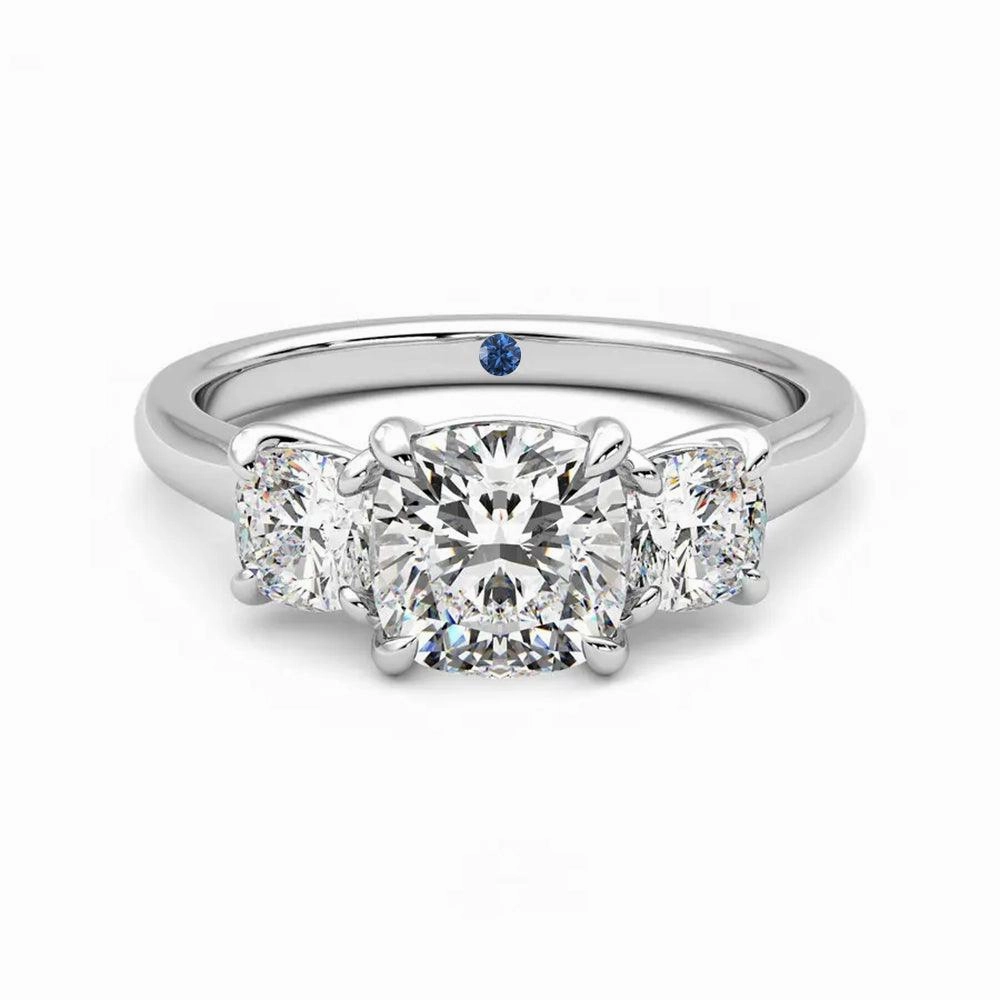 Model Fit Four Prong Three Stone Cushion Cut Moissanite Engagement Ring with Hidden Anniversary Stone Accent