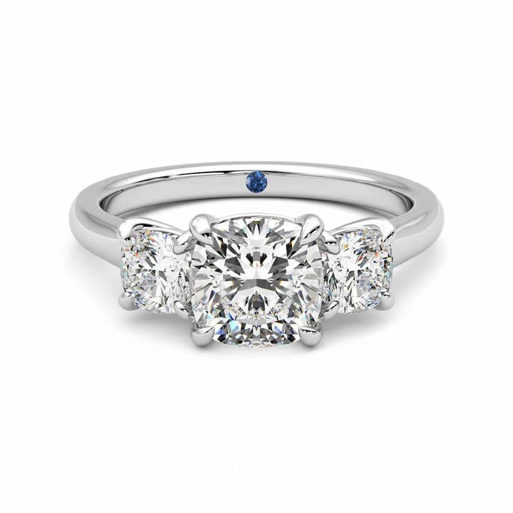 Four Prong Three Stone Cushion Cut Moissanite Engagement Ring with Hidden Anniversary Stone Accent Opulent Craft