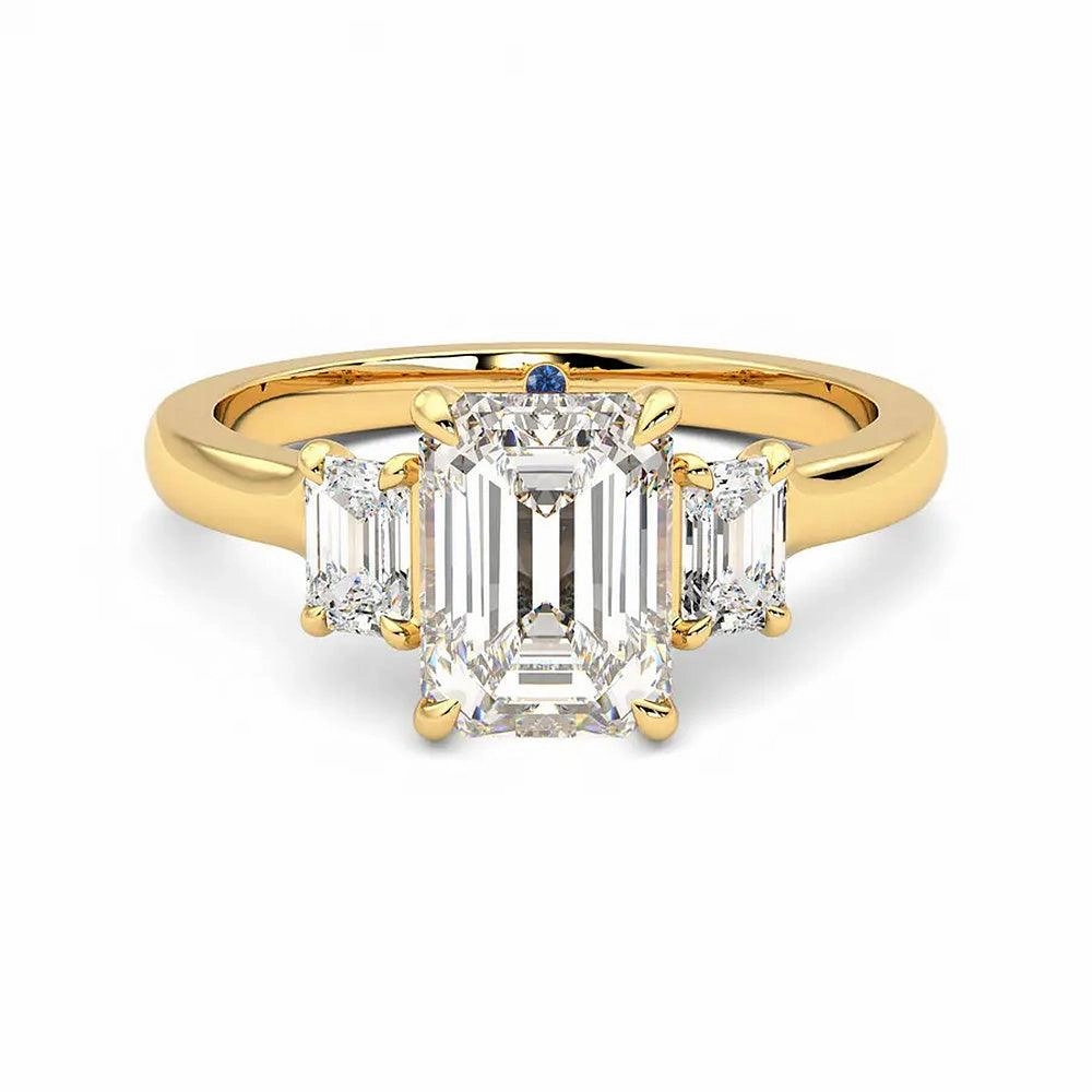 Four Prong Three Stone Emerald Cut Moissanite Engagement Ring with Hidden Anniversary Stone Accent Luminous Glow