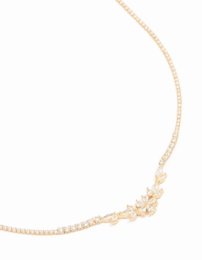 Gold Plated Cubic Zirconia Flower Cup Chain Necklace Chic Fit