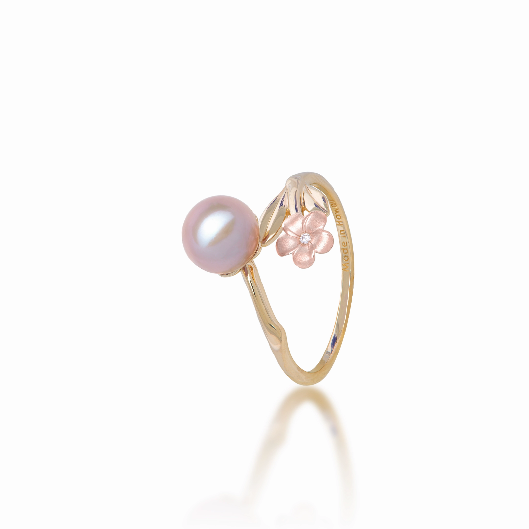 Quiet Grace Pearls in Bloom Plumeria Lavender Freshwater Pearl Ring in Two Tone Gold with Diamond - 7-8mm