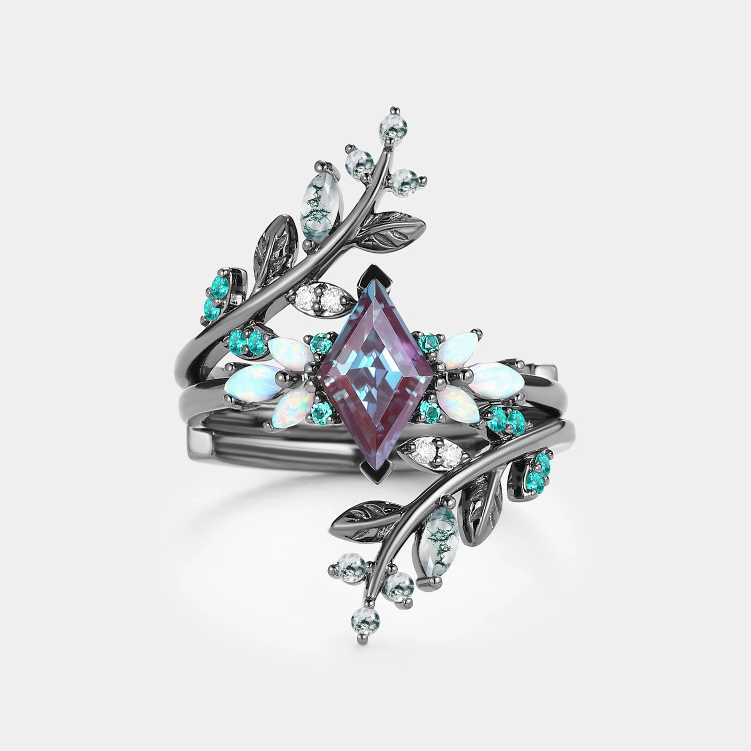 Black Gold Lab Alexandrite & Opal & Emerald Cage Leafy Engagement Ring 2pcs - Knight Special Care Elegant Statement