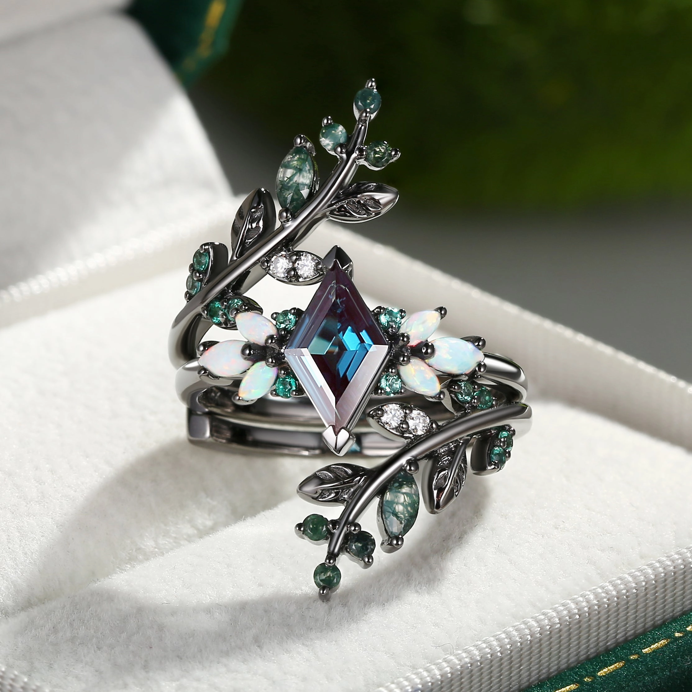 Black Gold Lab Alexandrite & Opal & Emerald Cage Leafy Engagement Ring 2pcs - Knight Lightweight Gift