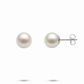 Classic Shape Freshwater White Pearl Earrings in White Gold - 9-10mm