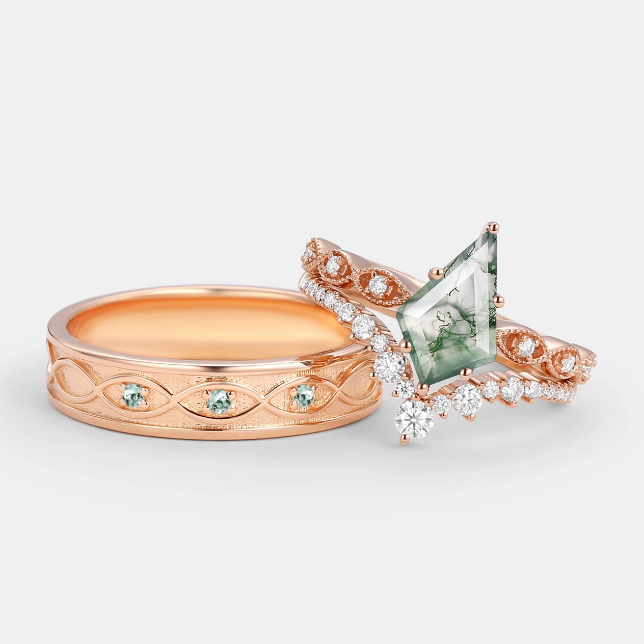 Budget Object Vintage Kite Cut Moss Agate Couple Ring Set 3pcs - Winona