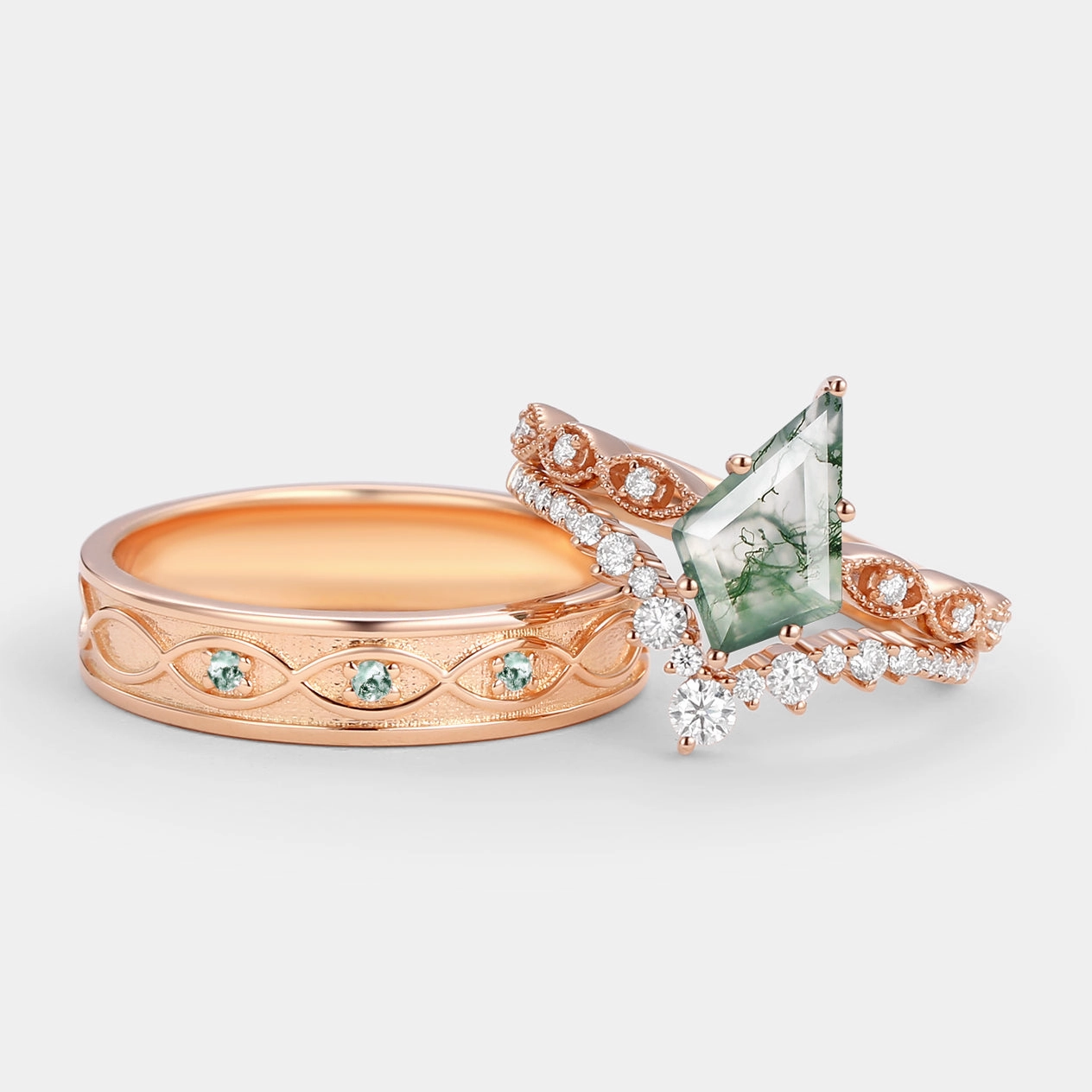 Vintage Kite Cut Moss Agate Couple Ring Set 3pcs - Winona Signature Look Subtle Charm