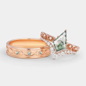 Budget Object Vintage Kite Cut Moss Agate Couple Ring Set 3pcs - Winona
