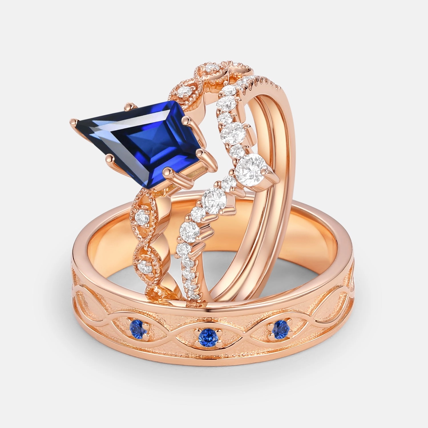 Sentimental Object Quality Accessory Vintage Kite Cut Moss Agate Couple Ring Set 3pcs - Winona