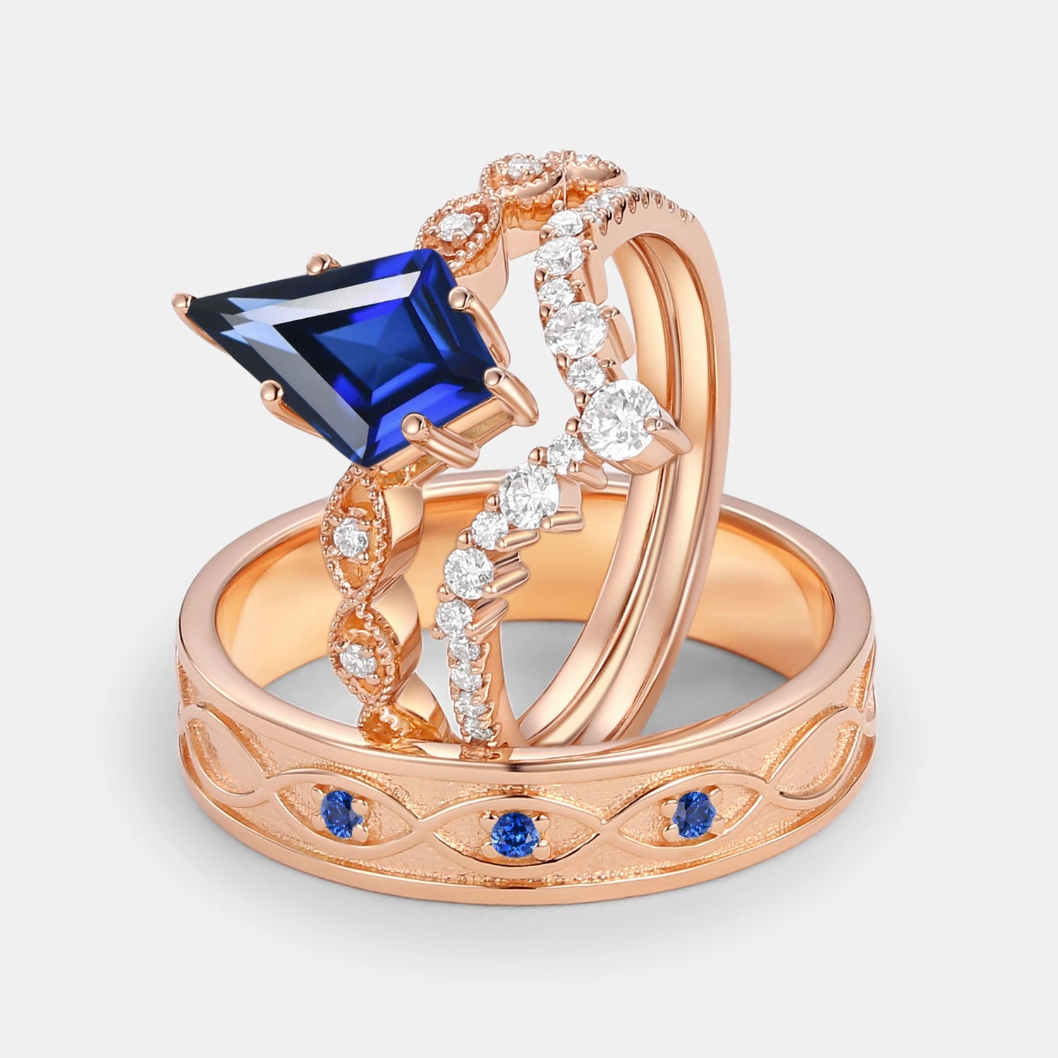 Party Ready Vintage Kite Cut Moss Agate Couple Ring Set 3pcs - Winona