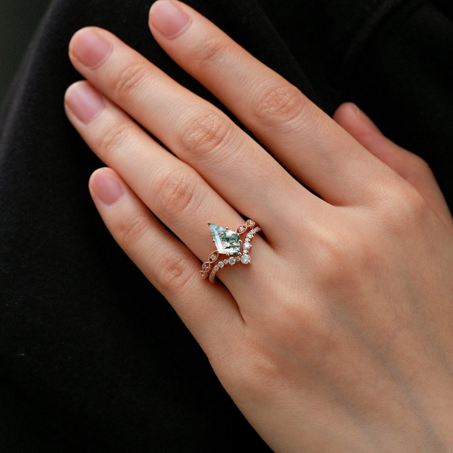 Simple Accent Vintage Kite Cut Moss Agate Couple Ring Set 3pcs - Winona