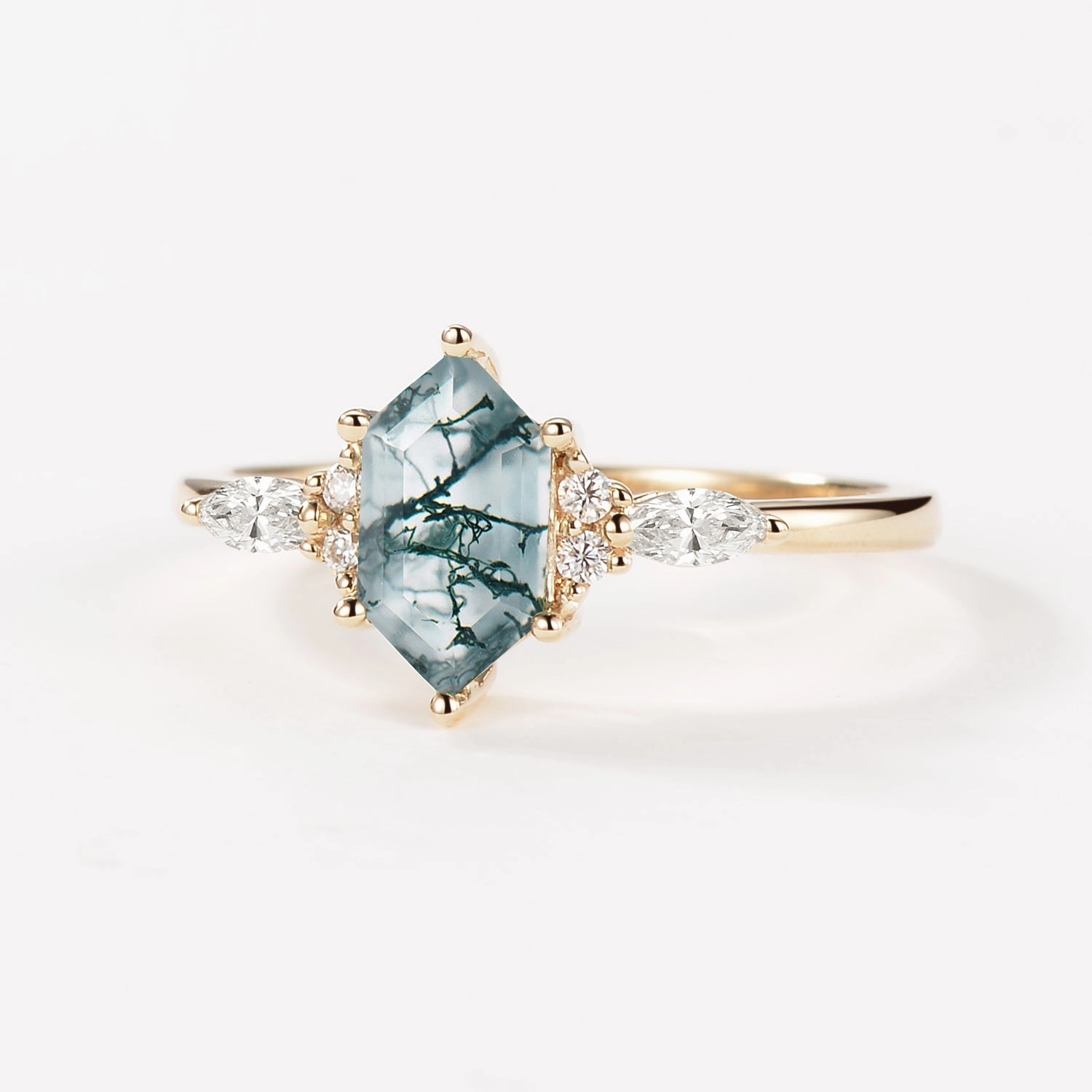 Geometric Hexagon Moss Agate Marquise Engagement Ring Vogue Accent