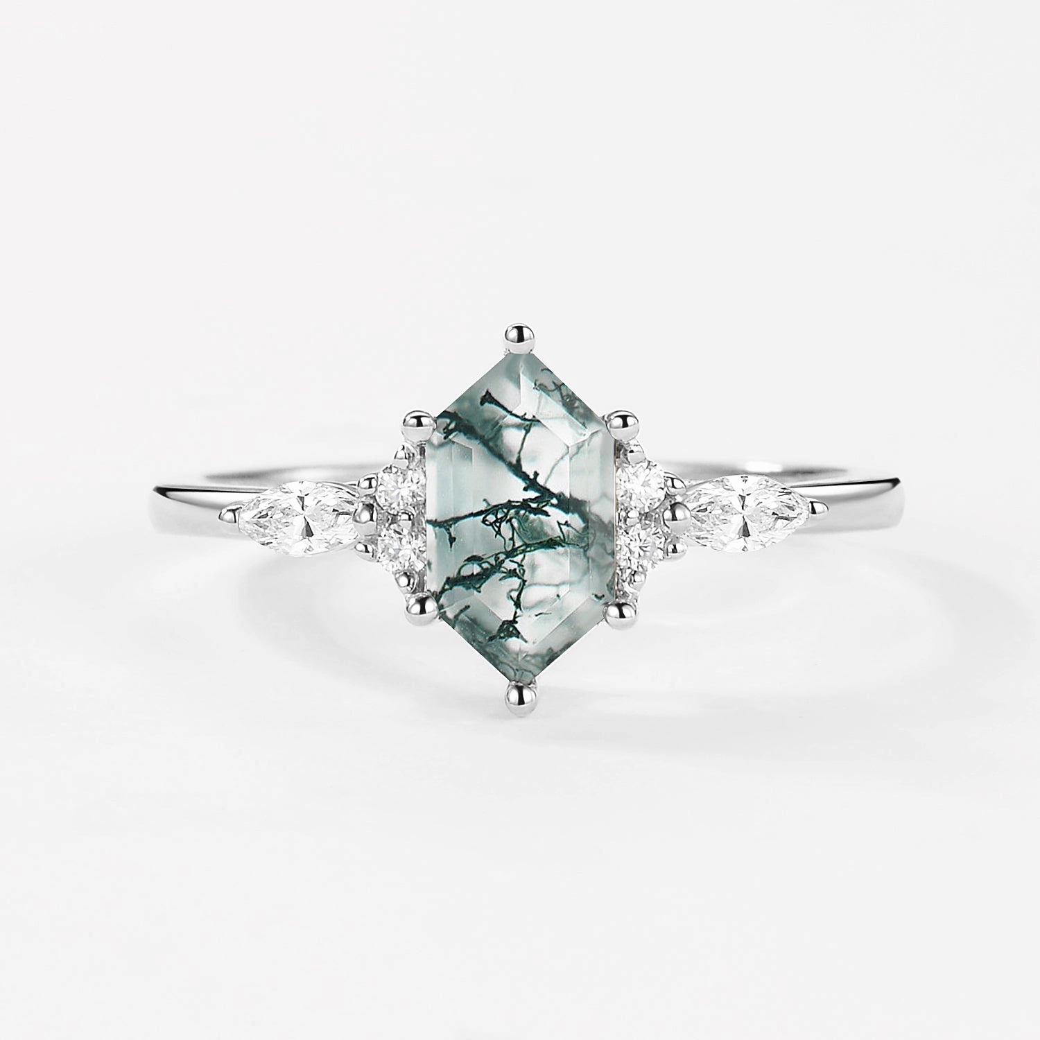 Geometric Hexagon Moss Agate Marquise Engagement Ring fashion lover