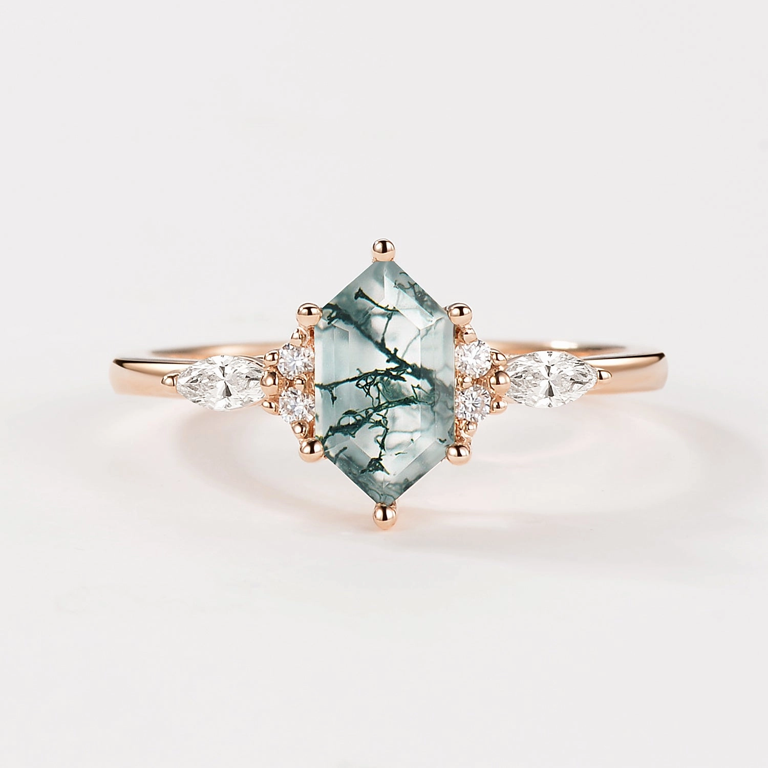 Geometric Hexagon Moss Agate Marquise Engagement Ring Daytime Gift