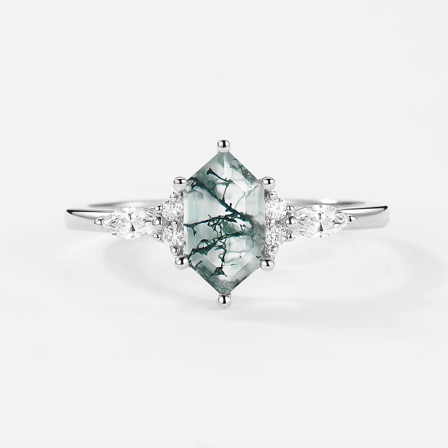 Geometric Hexagon Moss Agate Marquise Engagement Ring daily pick