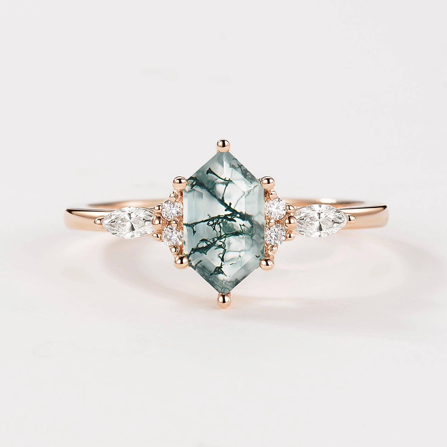 Trend Focused Exclusive piece Geometric Hexagon Moss Agate Marquise Engagement Ring