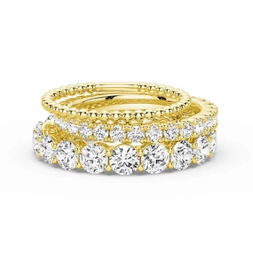 French Pave Round Cut Moissanite Eternity Bands with Simple Beaded Band Stacking Rings Golden Tone