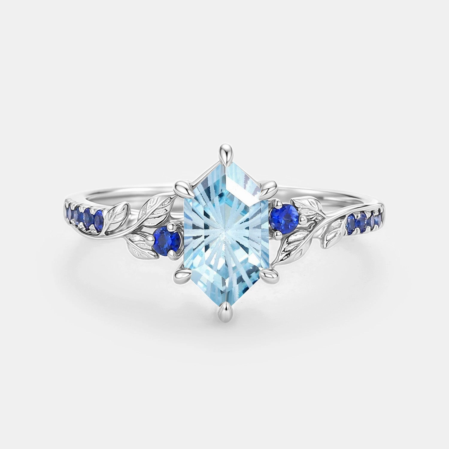 Elongated Hexagon Fireworks Cut Aquamarine Engagement Ring - Azure Chic Appeal Contemporary Feature