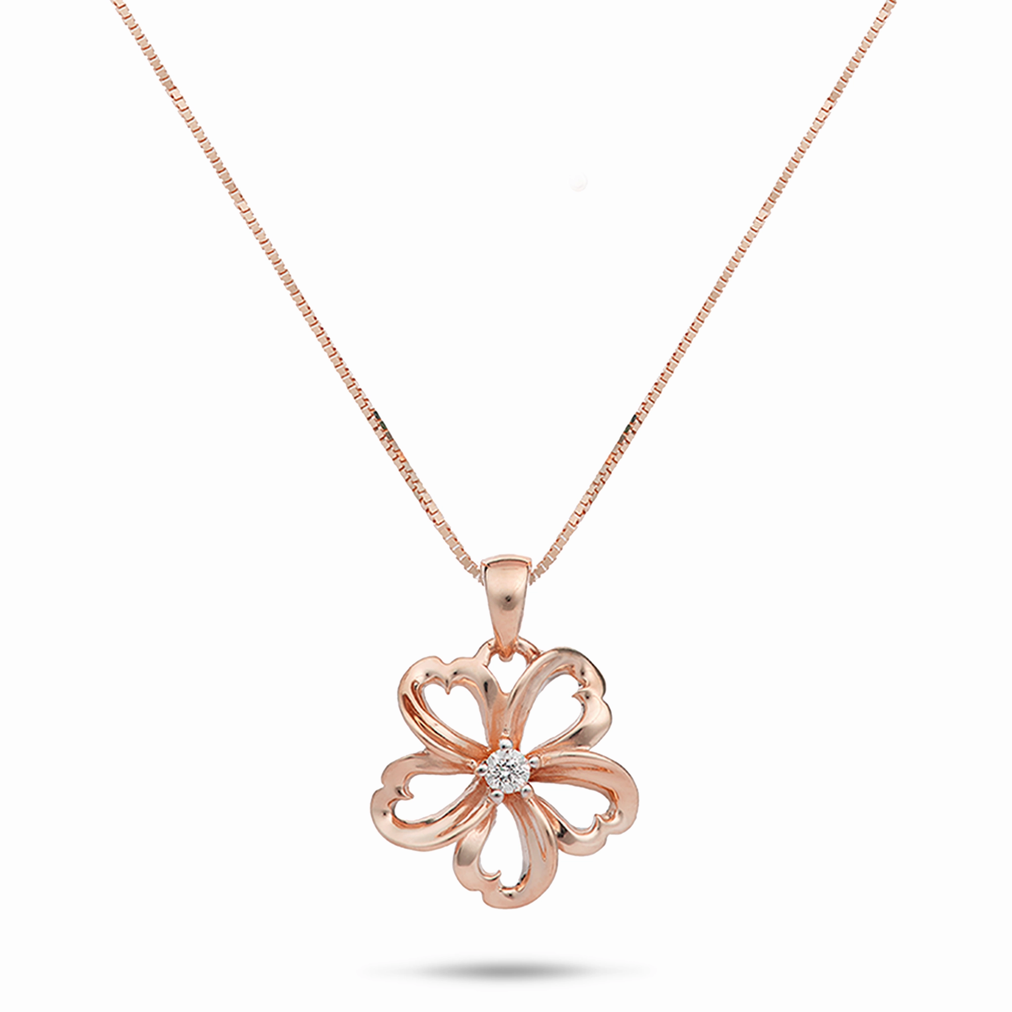 Unique Glow Distinctive Edge 18" Plumeria Pendant / Necklace in Rose Gold with Diamond - 14mm