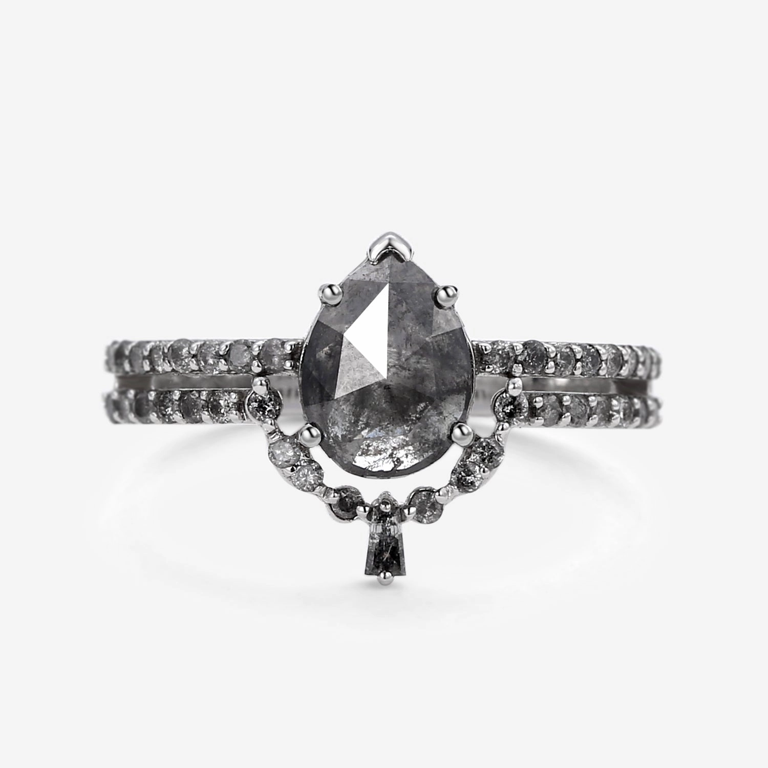 Pear Cut Salt and Pepper Diamonds Unique Ring Sets 2pcs Muted Details