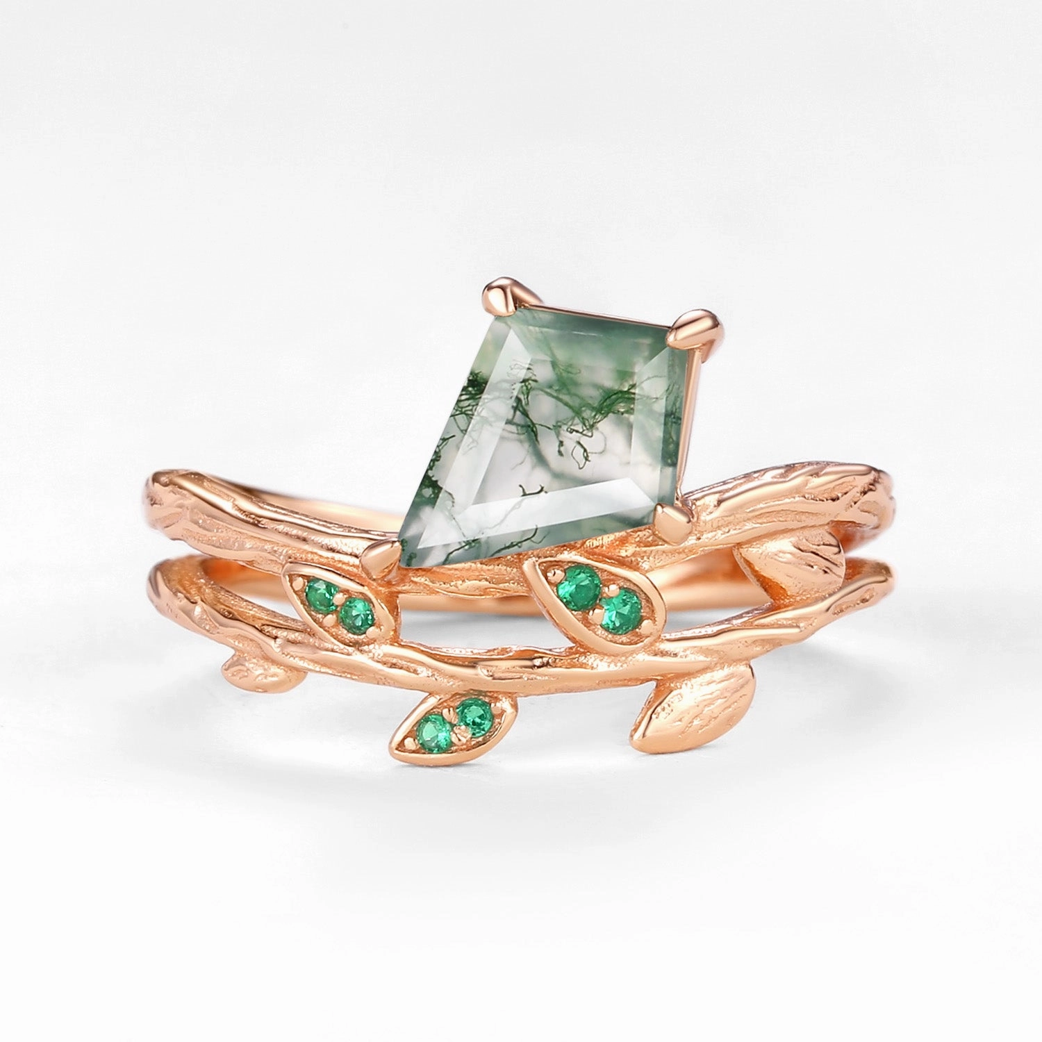 Evening Detail Unique Kite Cut Moss Agate & Emerald Leafy  Engagement Ring