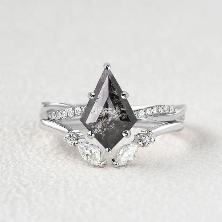 Patterned Surface Salt and Pepper Diamonds Kite Cut Infinity Ring Set 2pcs