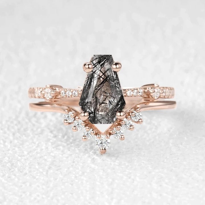 1.5ct Coffin Cut Black Rutilated Quartz Vintage Ring Set 2pcs Beloved Gift Traditional Piece