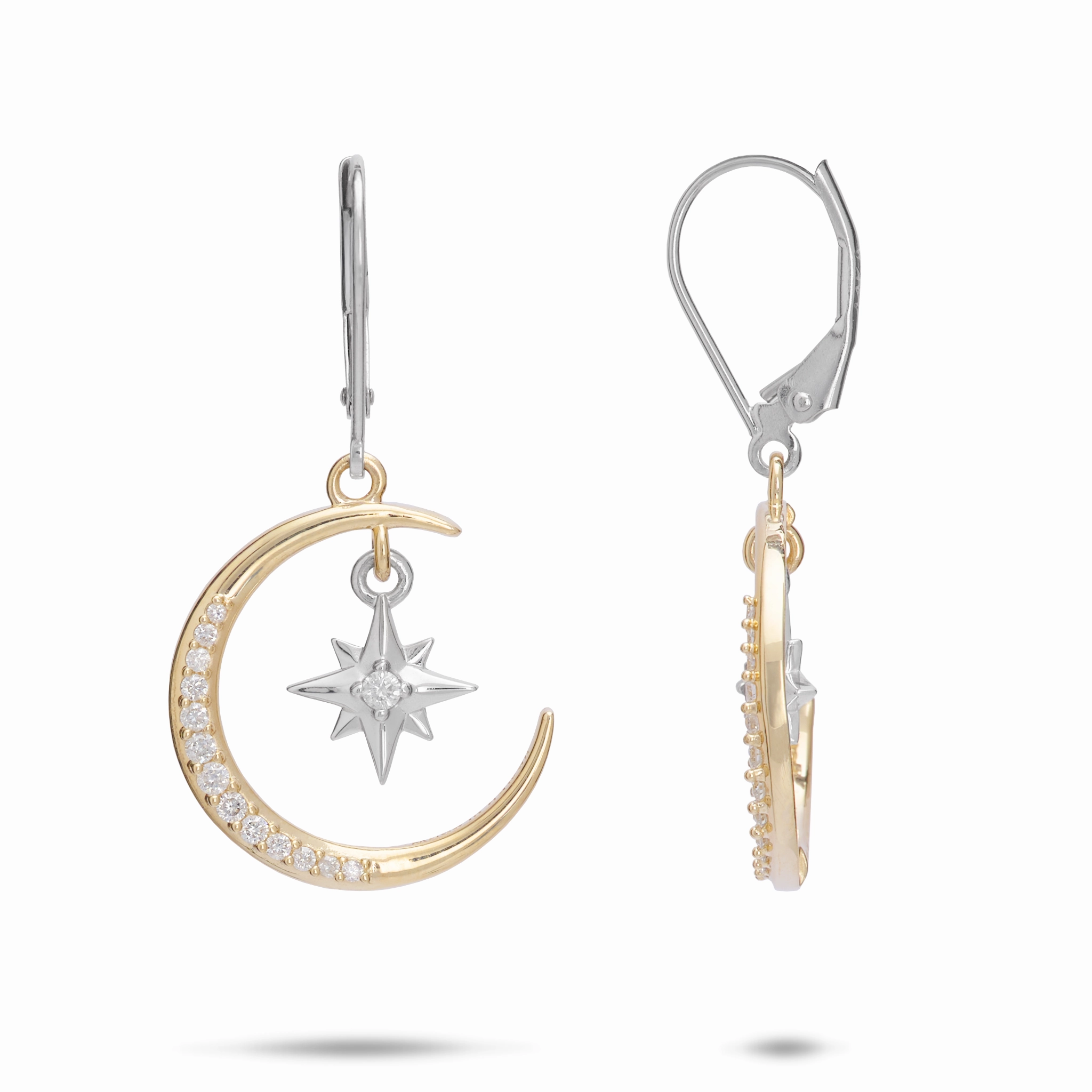 Moon & Star Mermaid Earrings in Two Tone Gold with Diamonds Style Detail