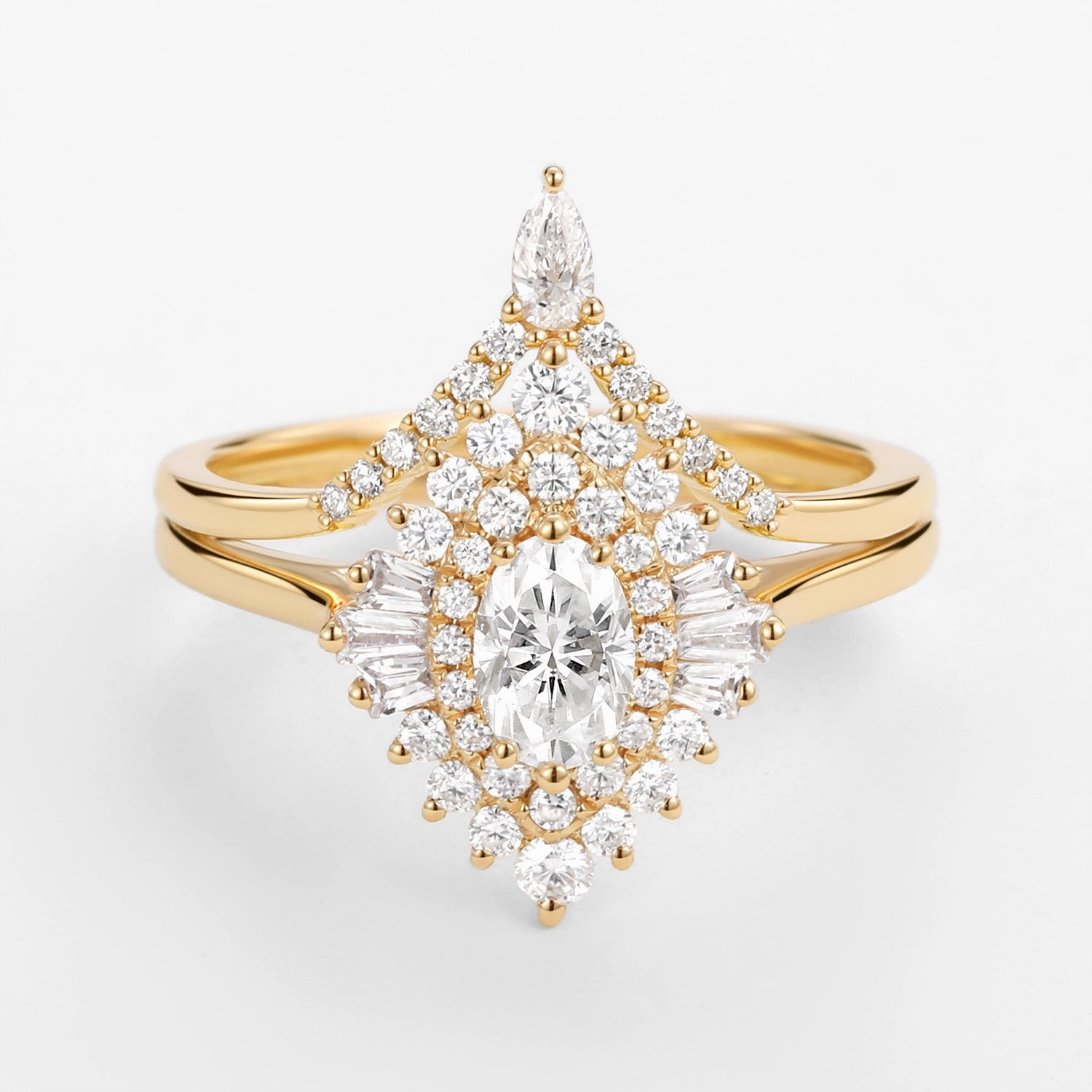 Evening Glow Understated Spark Art Deco Oval Cut Moissanite Minimalist Pointed Halo Ring Set 2pcs