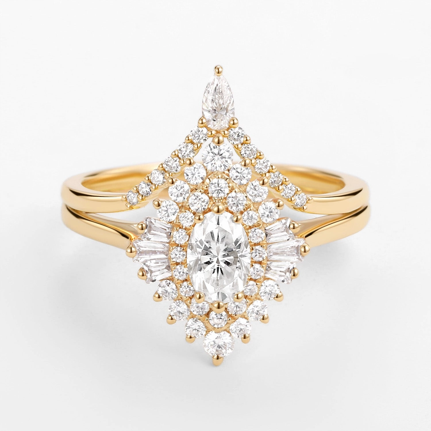 Elegant Feel Impeccable Detail Art Deco Oval Cut Moissanite Minimalist Pointed Halo Ring Set 2pcs