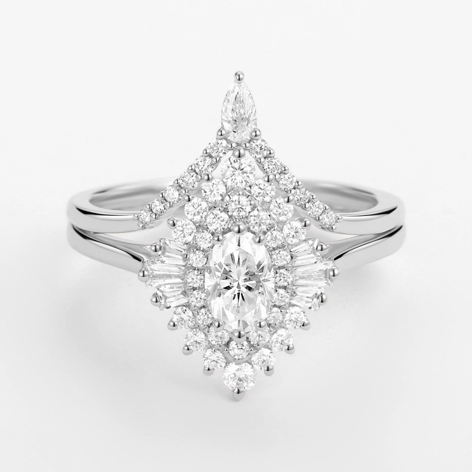 Refined Lines Graceful Glow Art Deco Oval Cut Moissanite Minimalist Pointed Halo Ring Set 2pcs