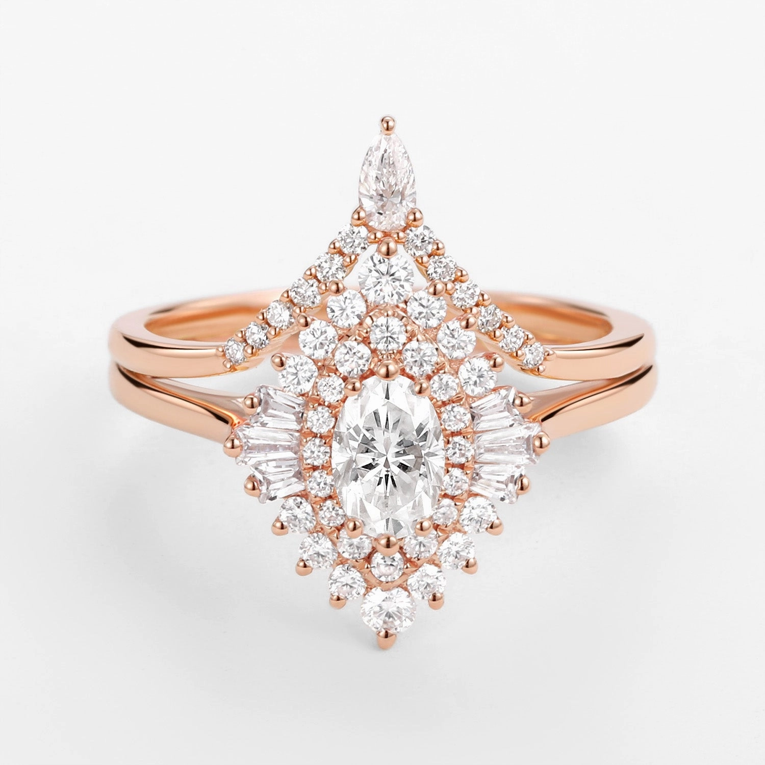 Art Deco Oval Cut Moissanite Minimalist Pointed Halo Ring Set 2pcs Embossed Pattern