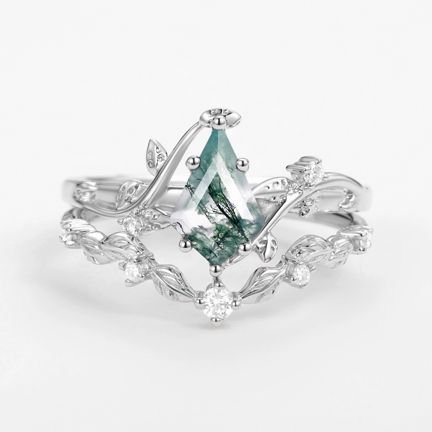 Affordable Insignia Formal Style Vine Leafy Kite Cut Moss Agate Engagement Ring Sets 2pcs - Ashley