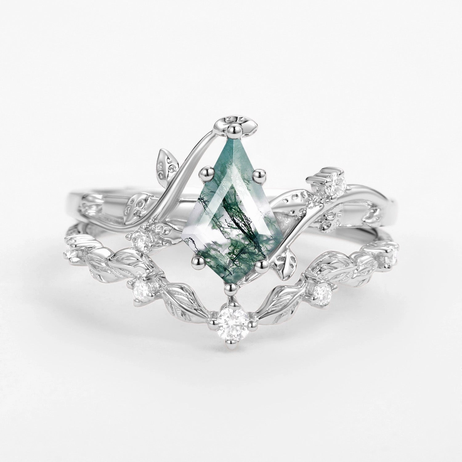 Soft Glam Fashion Detail Vine Leafy Kite Cut Moss Agate Engagement Ring Sets 2pcs - Ashley